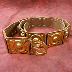Roman Brass Plated Belt,Roman Brown Leather Ringed Belt